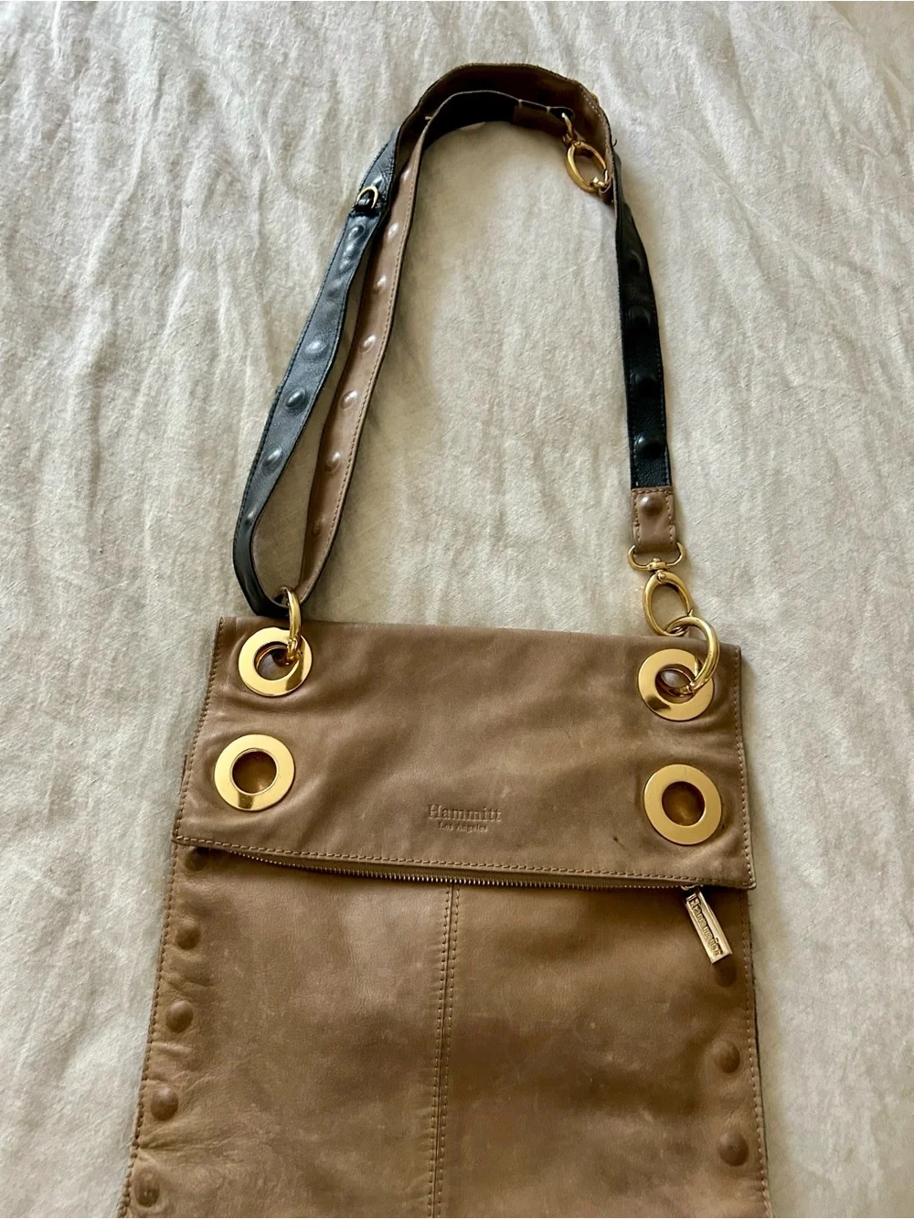 Hammitt Tan Leather Crossbody Bag with Gold Grommet Accents